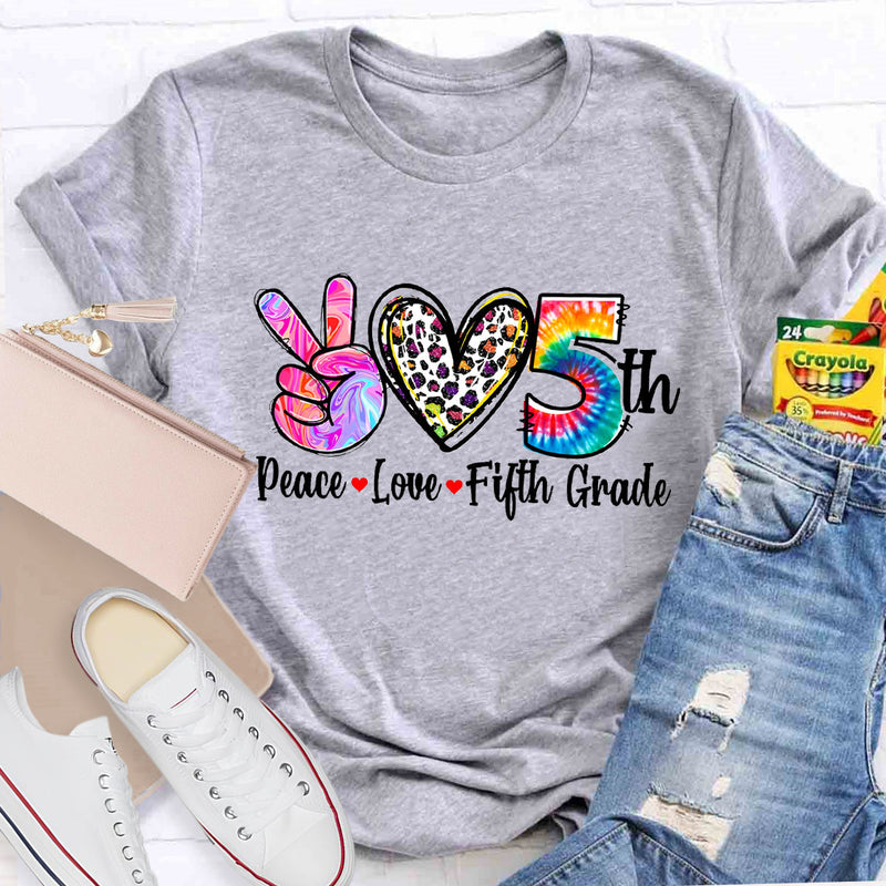 Personalized Grade Peace Love 5th Grade Teacher T-Shirt