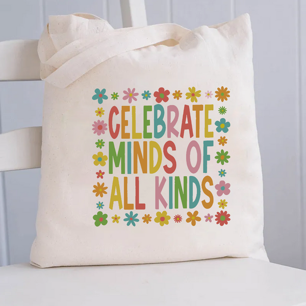 Celebrate Minds of All Kinds Floral Square Canvas Tote Bag