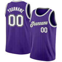 Custom Basketball Jersey - Purple Black Pinstripe White-Gray Authentic