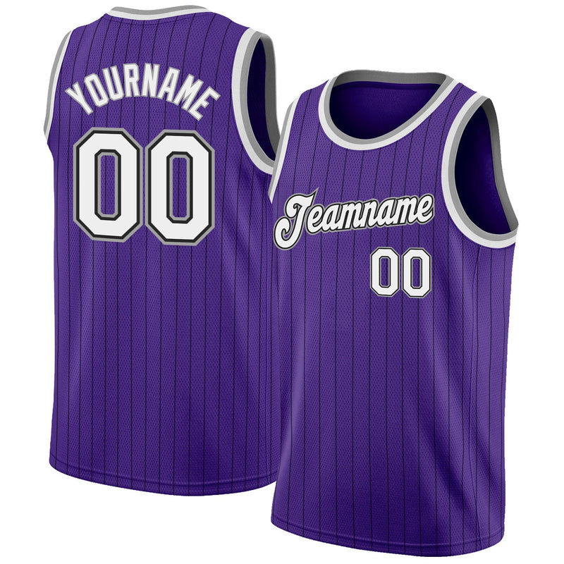 Custom Basketball Jersey - Purple Black Pinstripe White-Gray Authentic