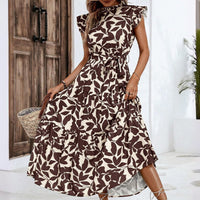 Ruffled Trim Flutter Sleeves Tie-Up Detail Printed Fairy Dress