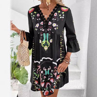 V-Neck Floral Polyester Dress with Lace Detail