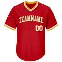 Custom Red White-Gold Authentic Throwback Rib-Knit Baseball Jersey Shirt