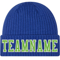Custom Royal Neon Green-White Stitched Cuffed Knit Hat