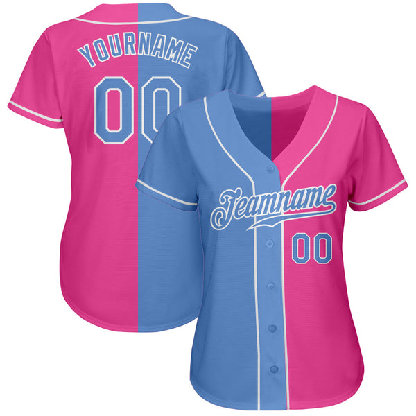 Custom Pink Light Blue-White Authentic Split Fashion Baseball Jersey
