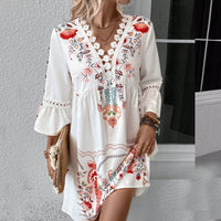 V-Neck Floral Polyester Dress with Lace Detail