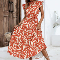 Ruffled Trim Flutter Sleeves Tie-Up Detail Printed Fairy Dress
